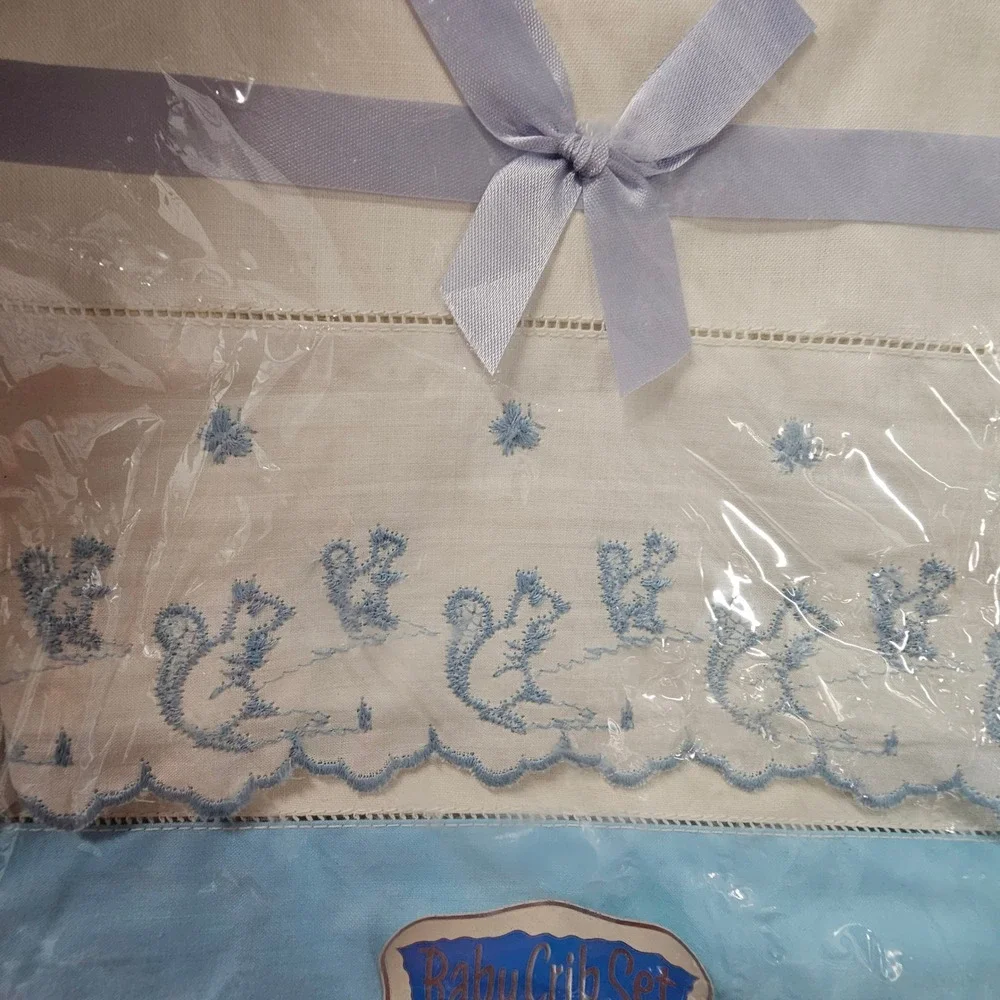 Vintage Baby Crib Set Blue Embroidered Squirrel Sheet and Pillowcase New in Box